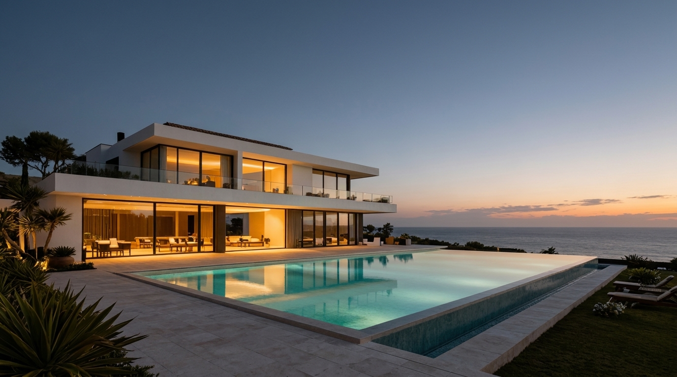 Marbella luxury villa at twilight with pool overlooking the Mediterranean