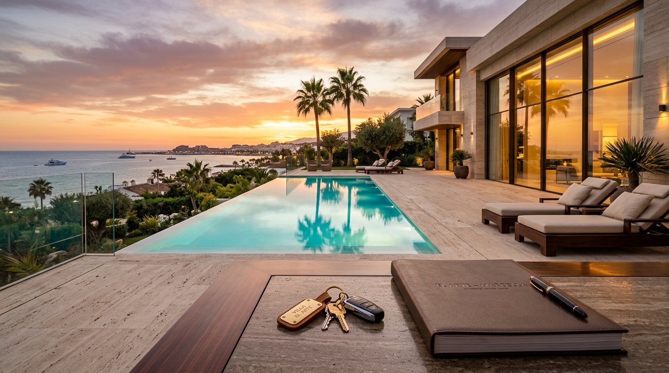 Spanish property documents and keys on luxury marble terrace overlooking the Mediterranean