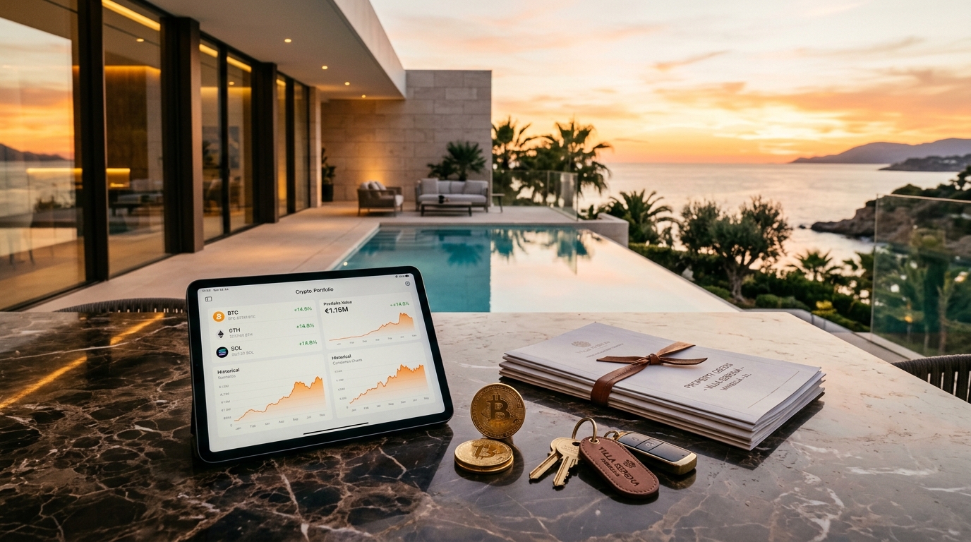 Marbella luxury villa terrace with digital crypto portfolio and property deeds overlooking the Mediterranean at sunset