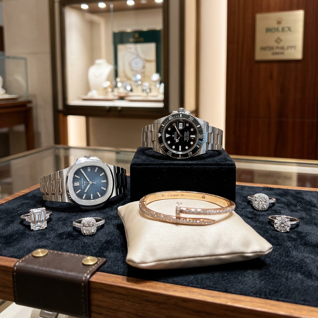 Fine luxury jewelry and Rolex display