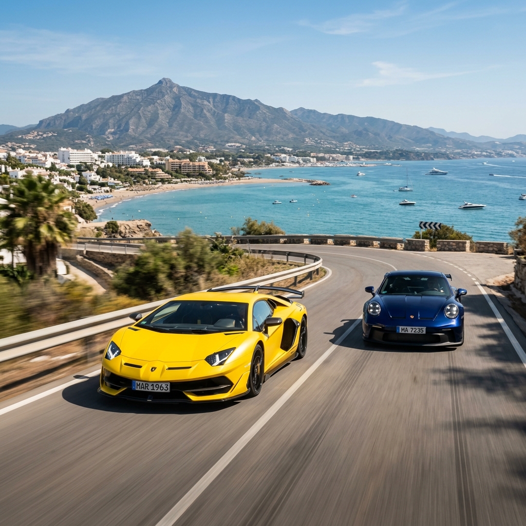 Lamborghini and Porsche on Marbella coast road